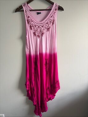 Cleopatra Free Size Pink Ombre Embroidered Boho Tunic Dress Lagenlook